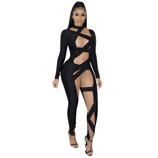 Criss-Cross Stitch Hollow-Out Women's Long Sleeve Skin Tight Jumpsuit