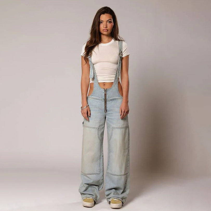 Faded Denim Pocketed Loose Suspender Streetwear Women's Overall Jeans Jumpsuit