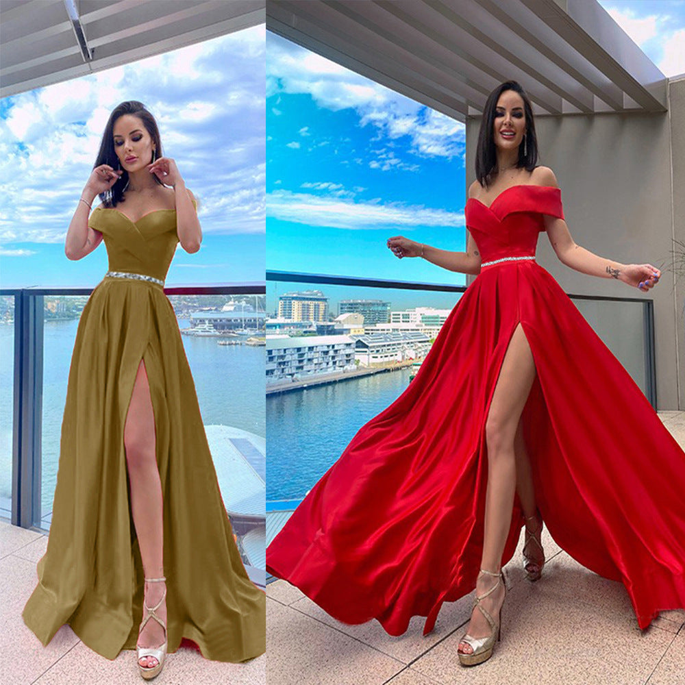 Off-the-Shoulder Deep V-Neck Solid Color Pleated High Slit Formal Floor-Length Maxi Dress
