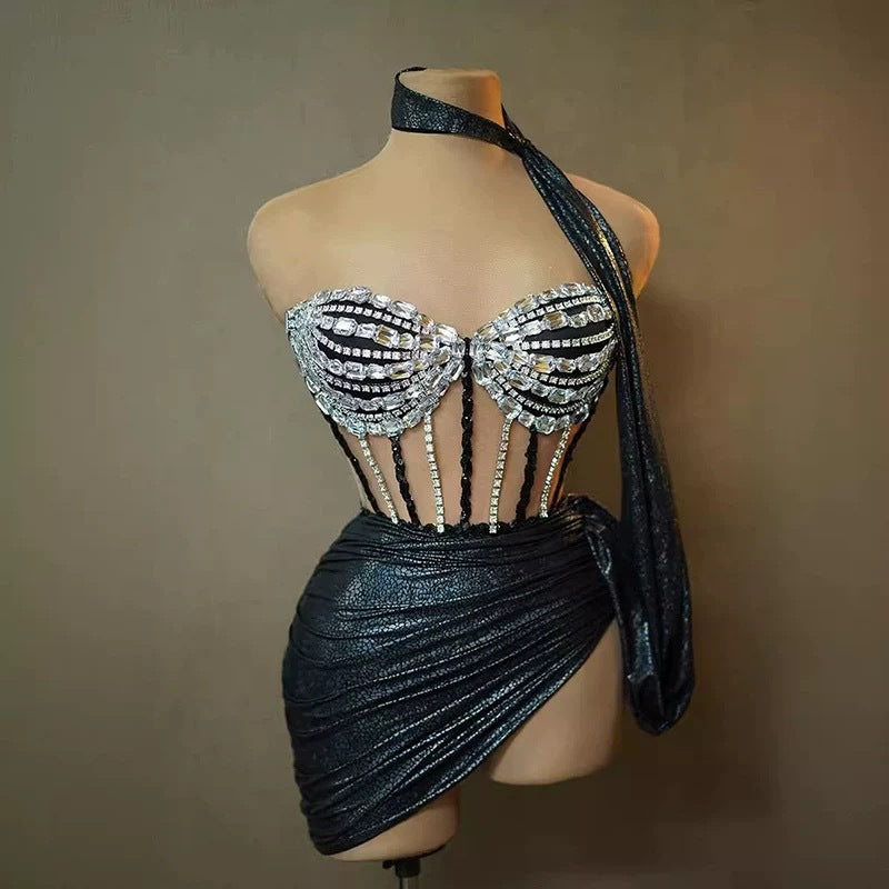 Sleeveless Corset Rhinestone Tassel Fringe Chain Design Ruched High Slit Tube Top Formal Club Dress