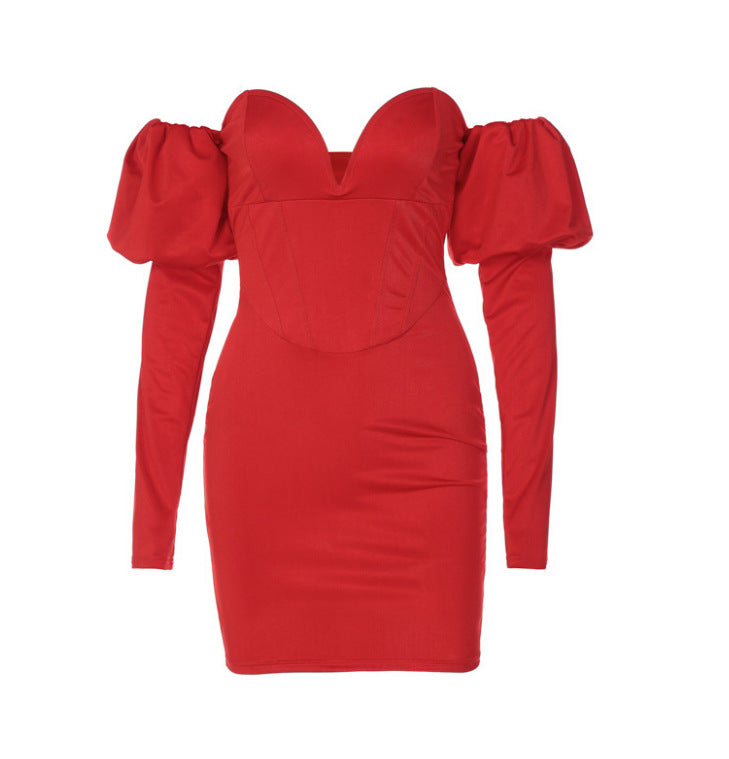Red Off-the-Shoulder Deep V-Neck Ruched Puff Sleeve Corset Top Formal Mini Dress