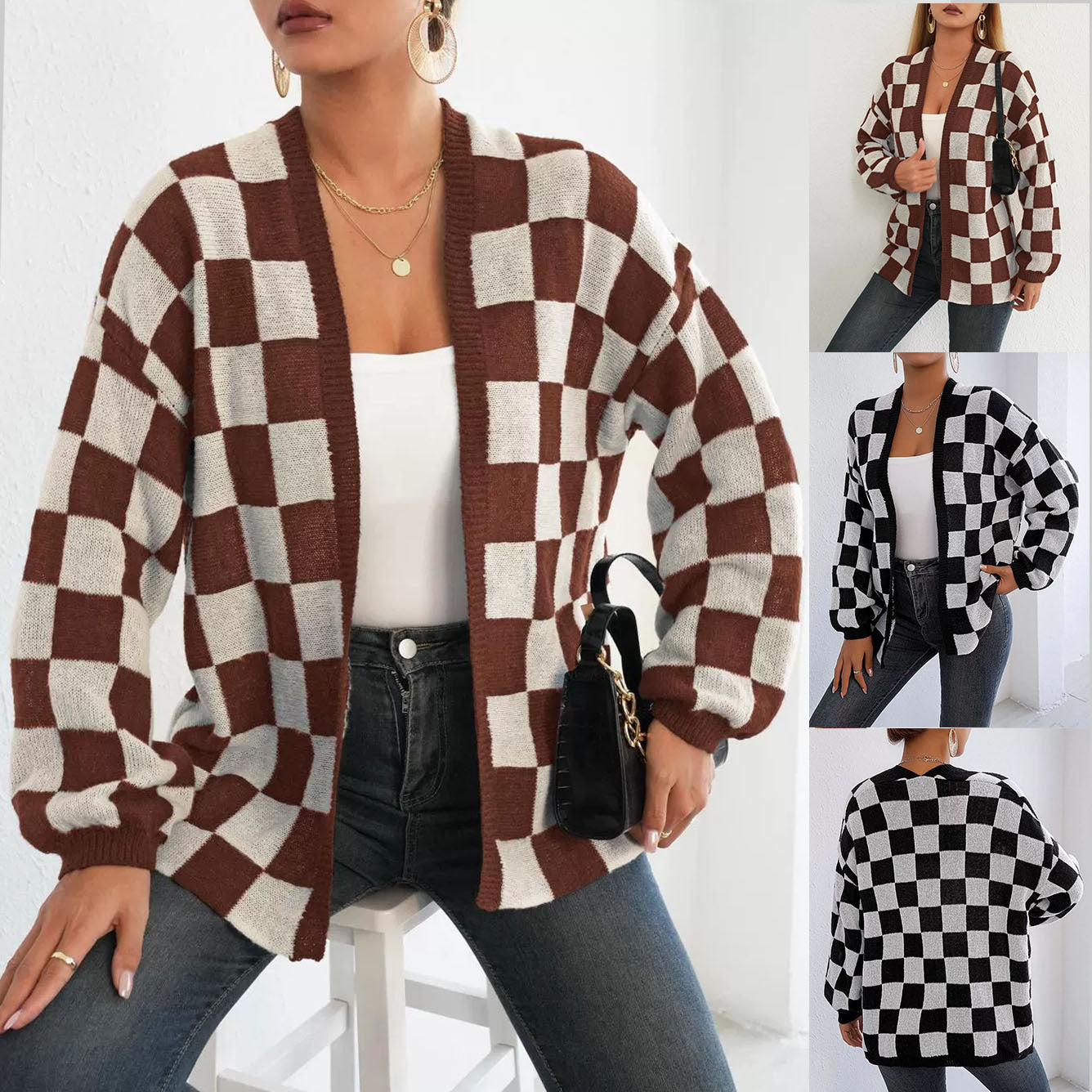 Wool Checker Plaid Print Women's Open Cardigan Sweater