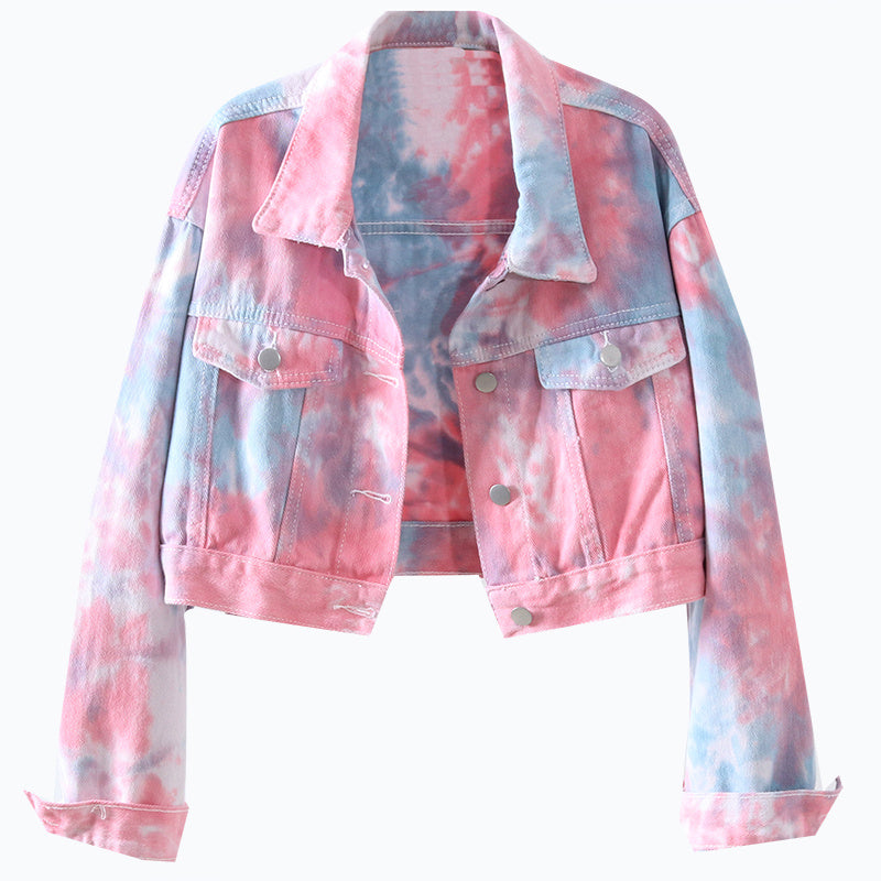 Tie-Dye Pink/Baby Blue Denim Short Women's Crop Jean Jacket