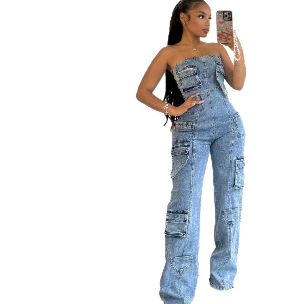 Denim Sleeveless Faded Blue Tube Top Design Multi-Pocketed Stretch Women's Overall Cargo Jeans Jumpsuit to 3X Plus Size