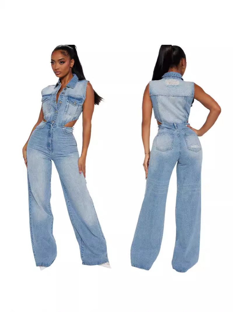 Denim Light Blue Gradient Washed Women's Hollow-Out Double Pocket Sleeveless Turn-Down Collar Overall Jean Jumpsuit