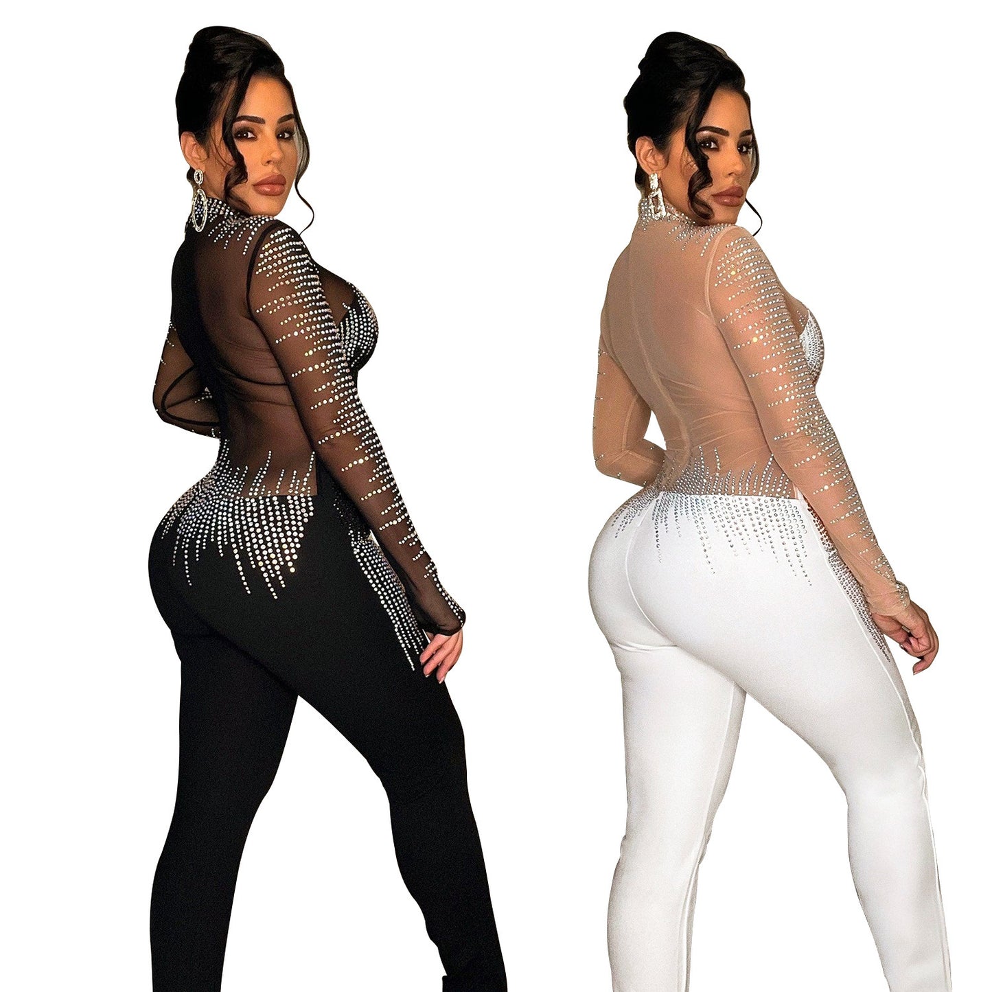 Black/Silver Metallic Mesh Sheer Rhinestone Long Sleeve Diagnol Hem Women's Formal Party Jumpsuit