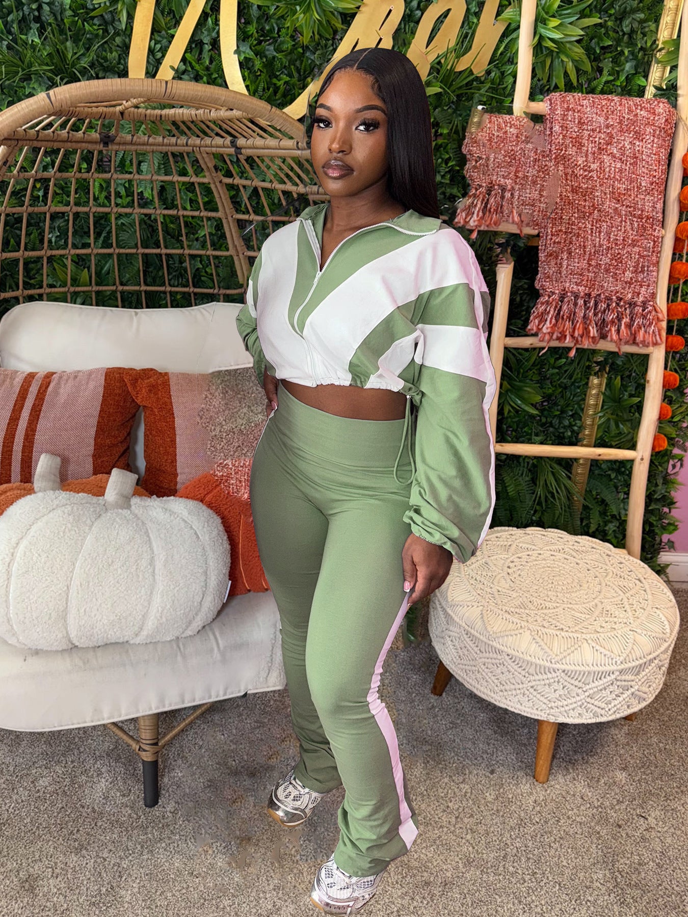 Colorblock Striped Women's Fitness Zipper Jacket+ Solid Sweatpants Tracksuit