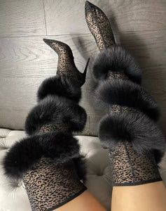 Leopard/Black Croc Print Spiral Faux Fur Wool Trim Pointed Toe Stiletto Heel Women's Knee-High Boots