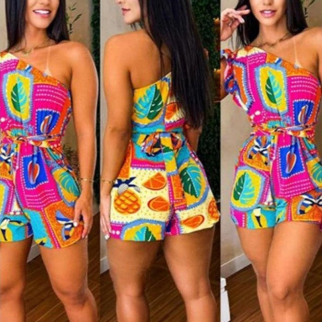 Tropical Print Women's Asymmetrical One Shoulder Ruffled Lace-Up Shorts Romper