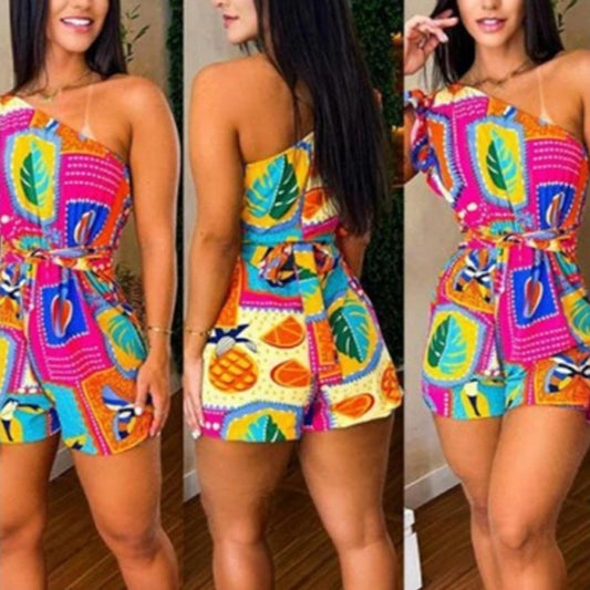 Tropical Print Women's Asymmetrical One Shoulder Ruffled Lace-Up Shorts Romper