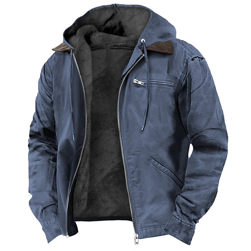 Men's Hooded Pocketed Warm Fleece Lined Zipper Jacket