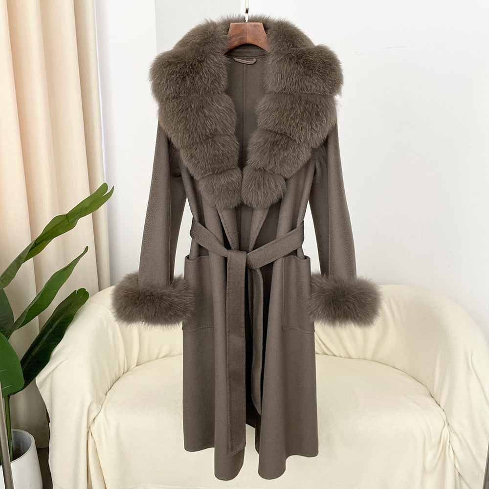 Oversized Fur Collar Double Sided Water Ripple Wool Women's Trenchcoat