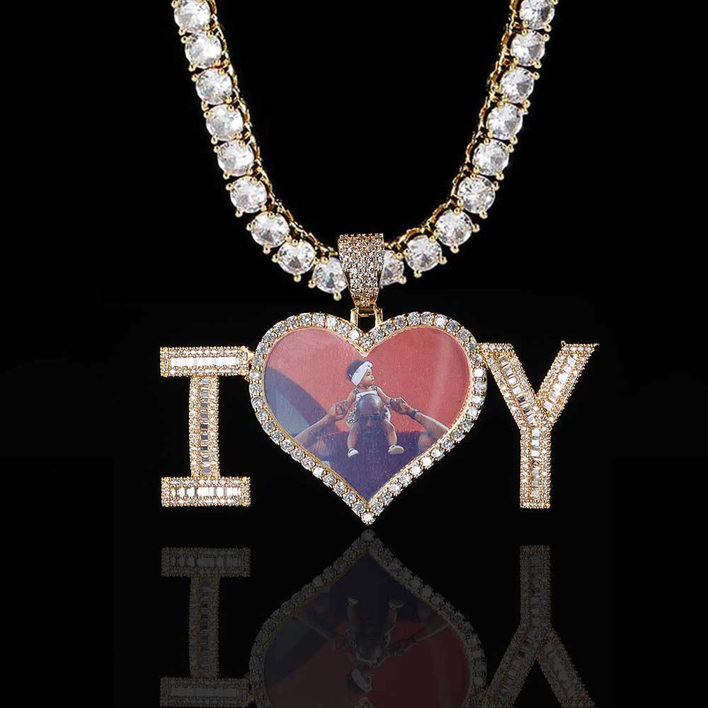 Customized Cubic Zirconia Letter Patchwork Heart Photo Pendant Chain Necklace