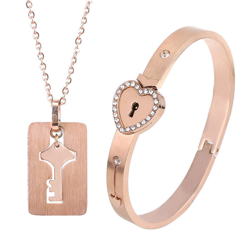 Titanium Sparkling Steel Couple Love Lock Chain Necklace + Bracelet Key Set