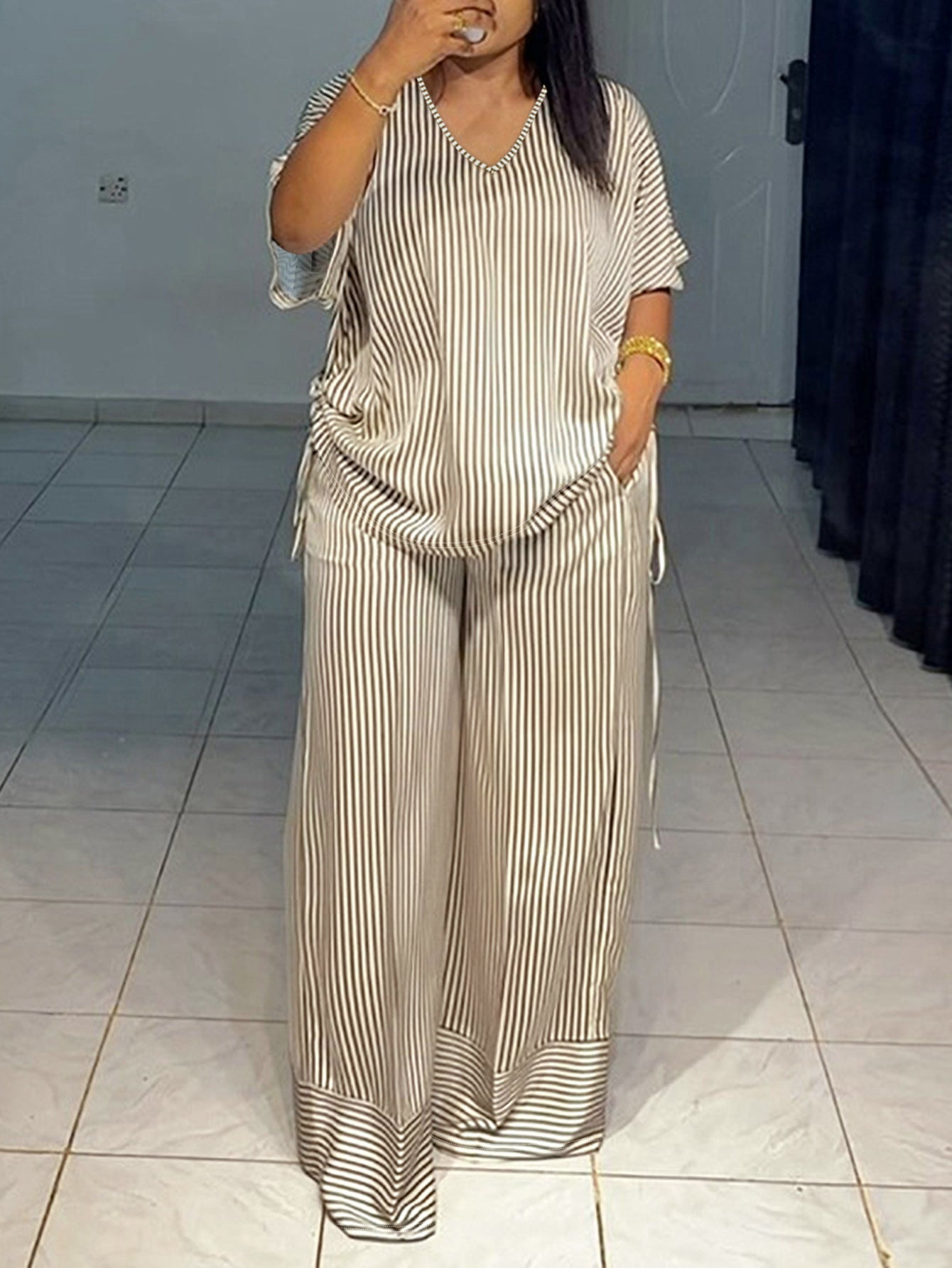 Loose Striped Drawstring V-Neck Short Sleeve Top  & Wide Leg Pants 2-Piece Set to 4X Plus Size