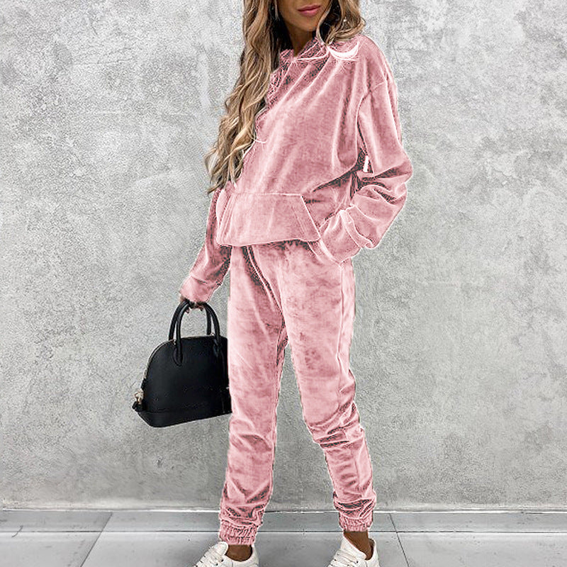Velvet Pocketed Solid Color Women's Pullover Hoodie Sweatshirt + Sweatpants Tracksuit