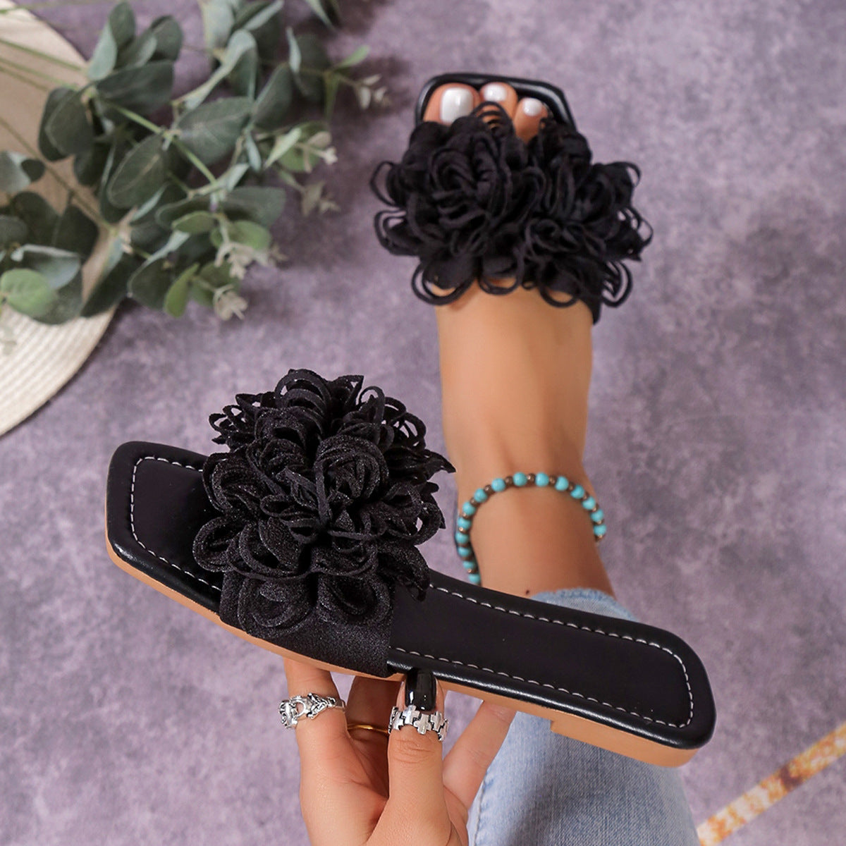 Big Flower Embroidered Flat Women's Slipper Sandals
