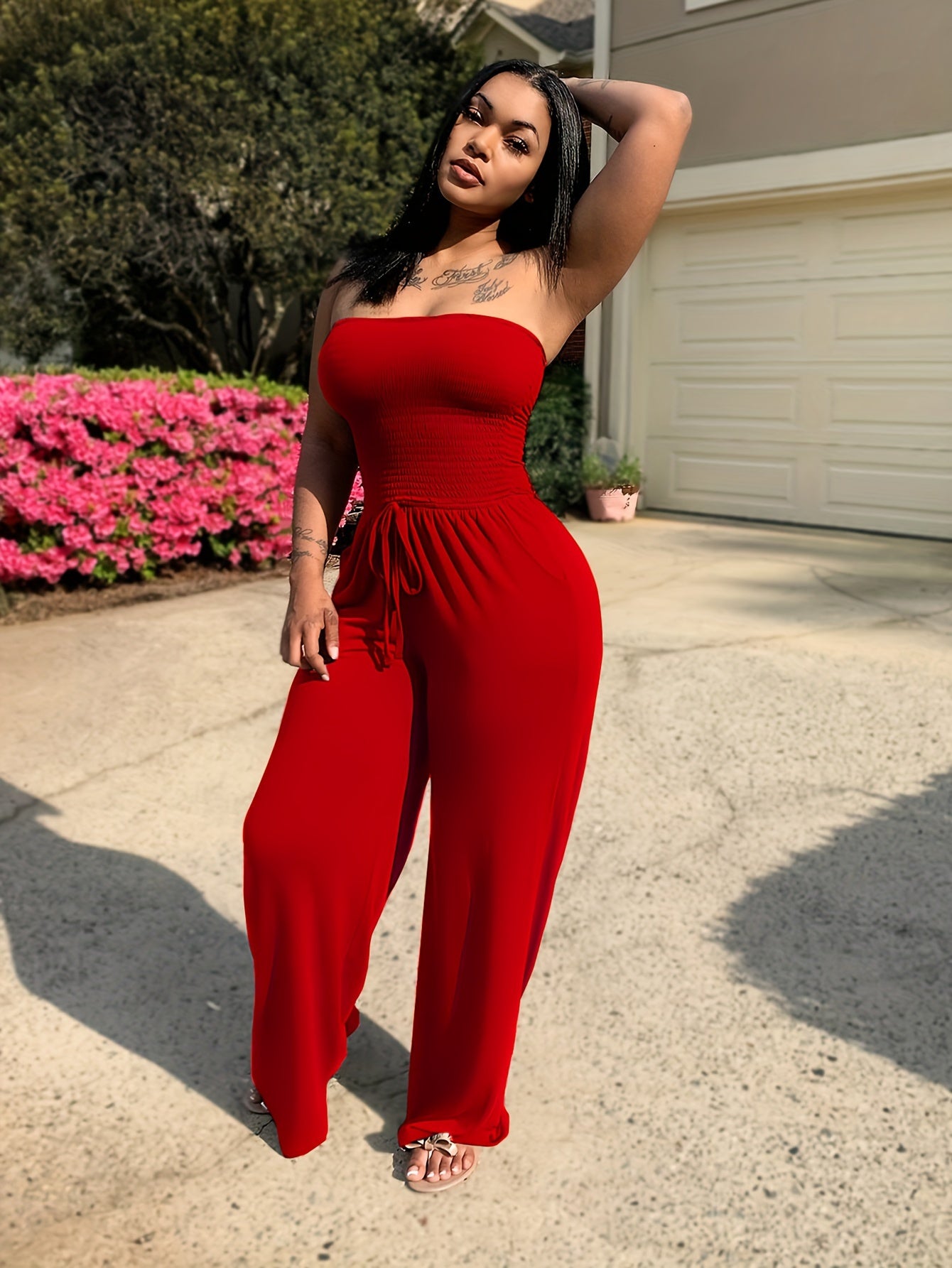 Sleeveless Waffle Pattern Solid Color Sash Belted Women's Tube Top Jumpsuit