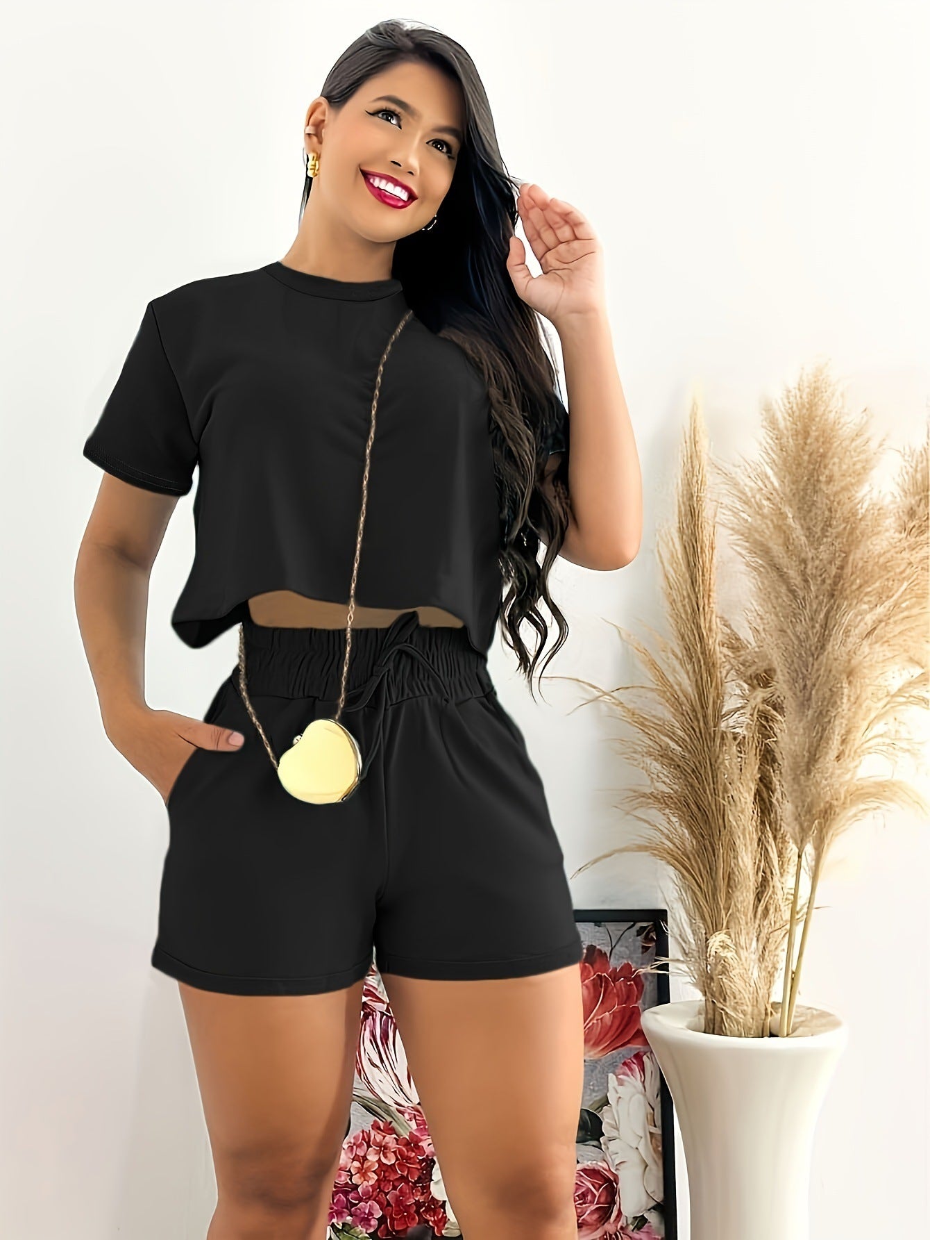 Casual Solid Color Midrift Short Sleeve Women's O-Neck T-Shirt + Elastic Waist Drawstring Shorts 2-Piece Set