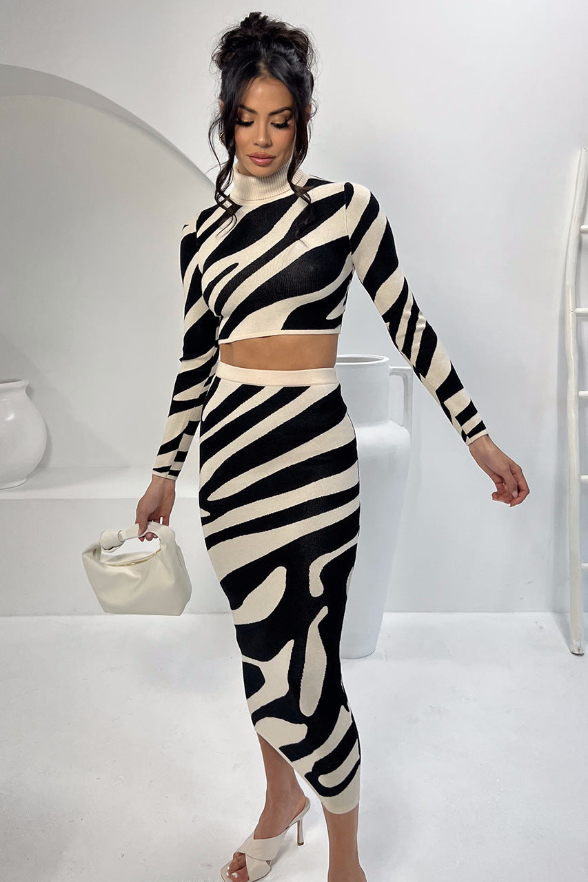 Zebra Striped Turtleneck Women's Long Sleeve Cropped Sweater + Maxi Skirt 2-Piece Knitted Set