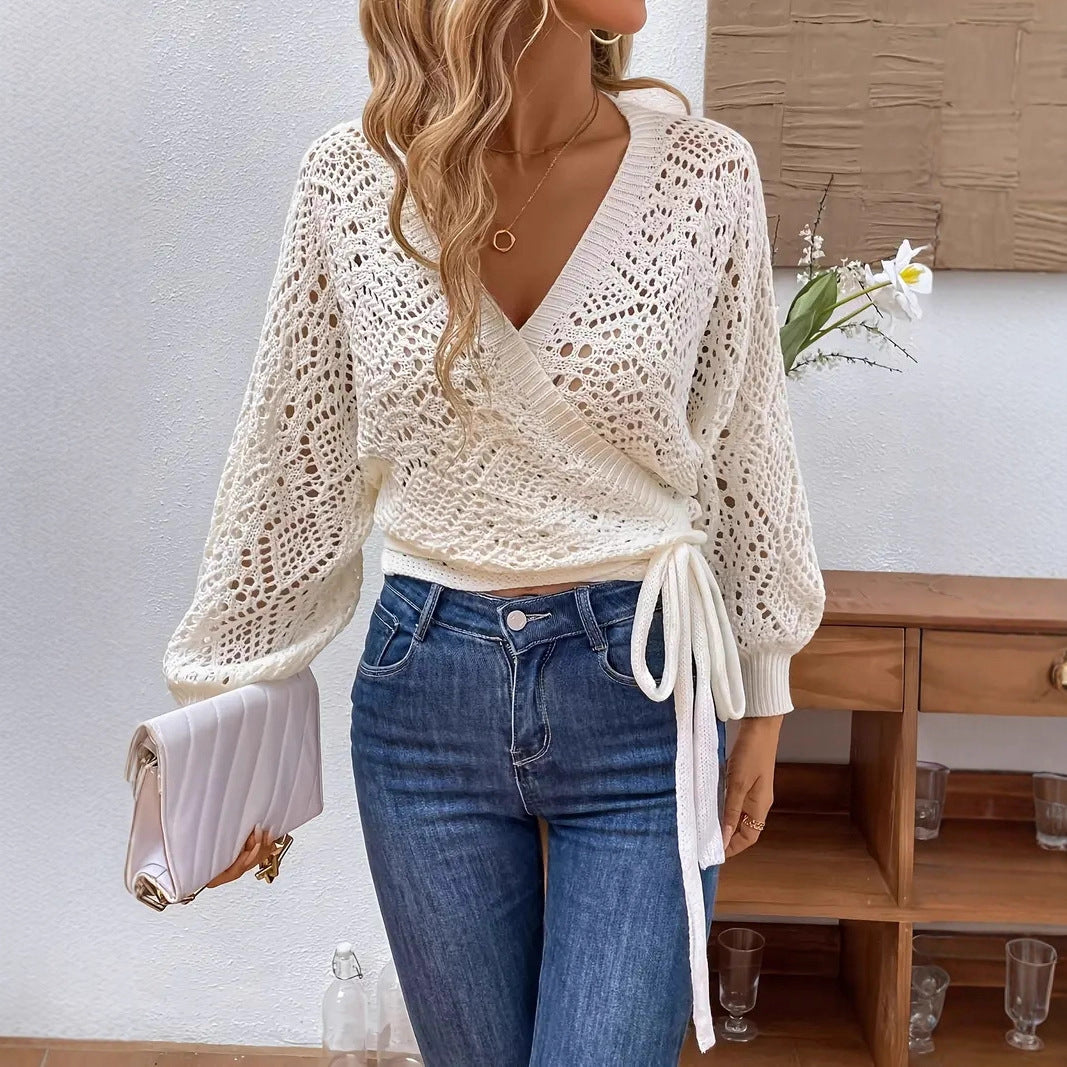 Knitted Solid Color V-Neck Wrapped Lace-Up Lantern Sleeve Women's Sweater