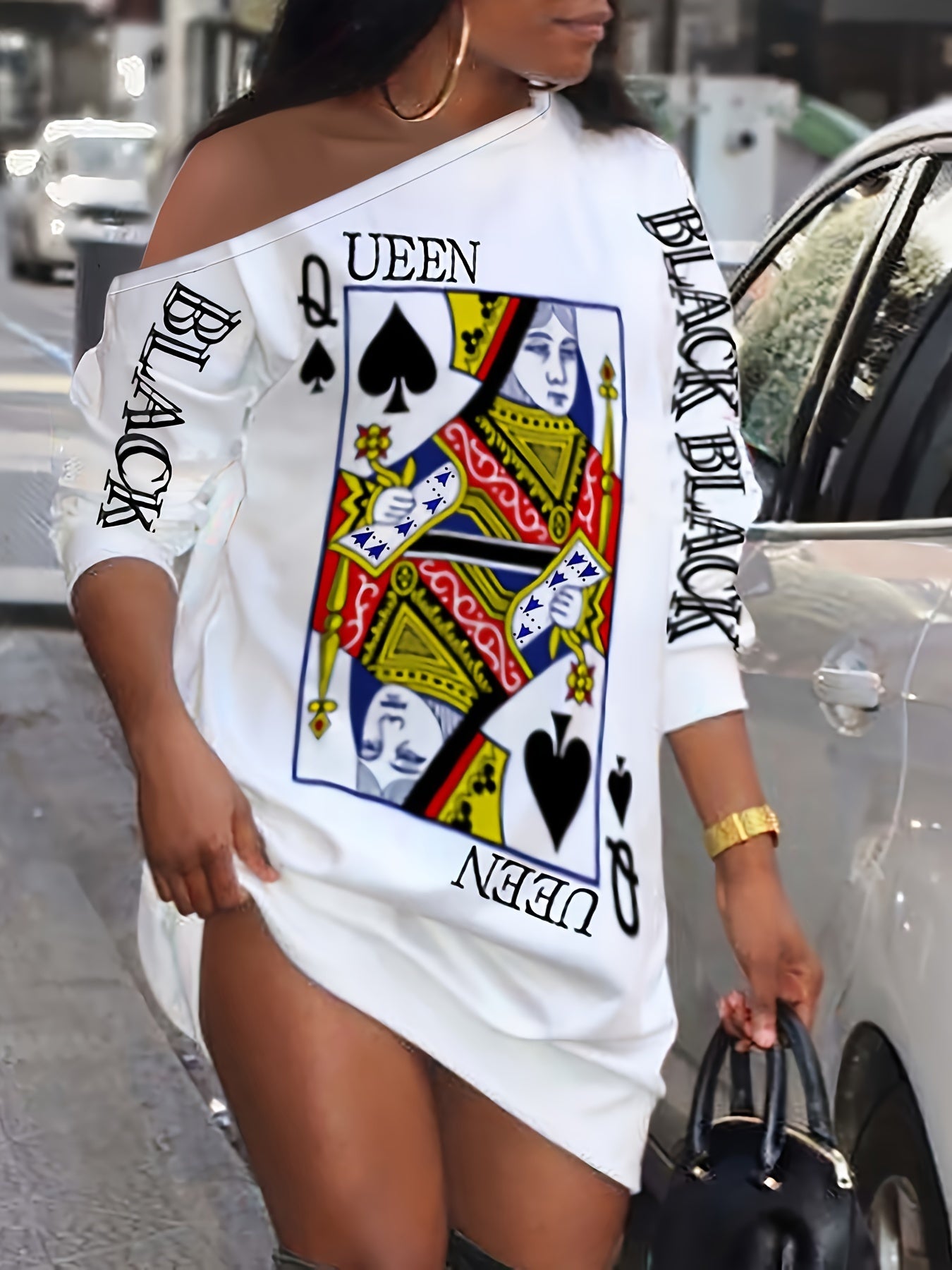 White Asymmetrical Queen Of Spades Print One Shoulder Long Sleeve Mini Sweatshirt Dress
