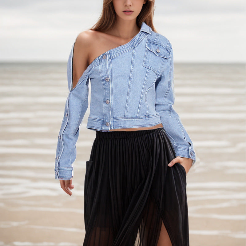 Faded Denim Light Blue Asymmetrical Hollow-Out One Sleeve Women's Irregular Jean Jacket