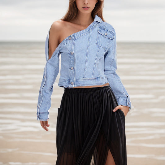 Faded Denim Light Blue Asymmetrical Hollow-Out One Sleeve Women's Irregular Jean Jacket