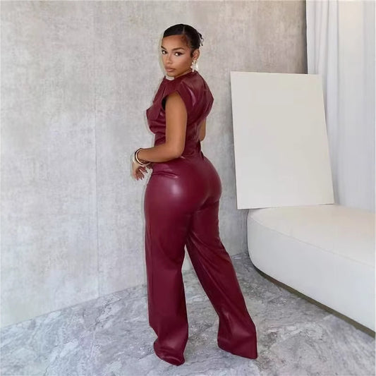 Burgundy PU Leather Women's Sleeveless Button-Up Jumpsuit