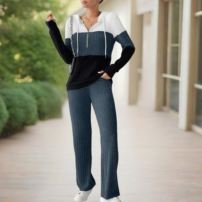 Knitted Ribbed Drawstring Striped Colorblock Long Sleeve Zipper Hoodie Sweatshirt + Wide Leg Sweatpants Women's Tracksuit