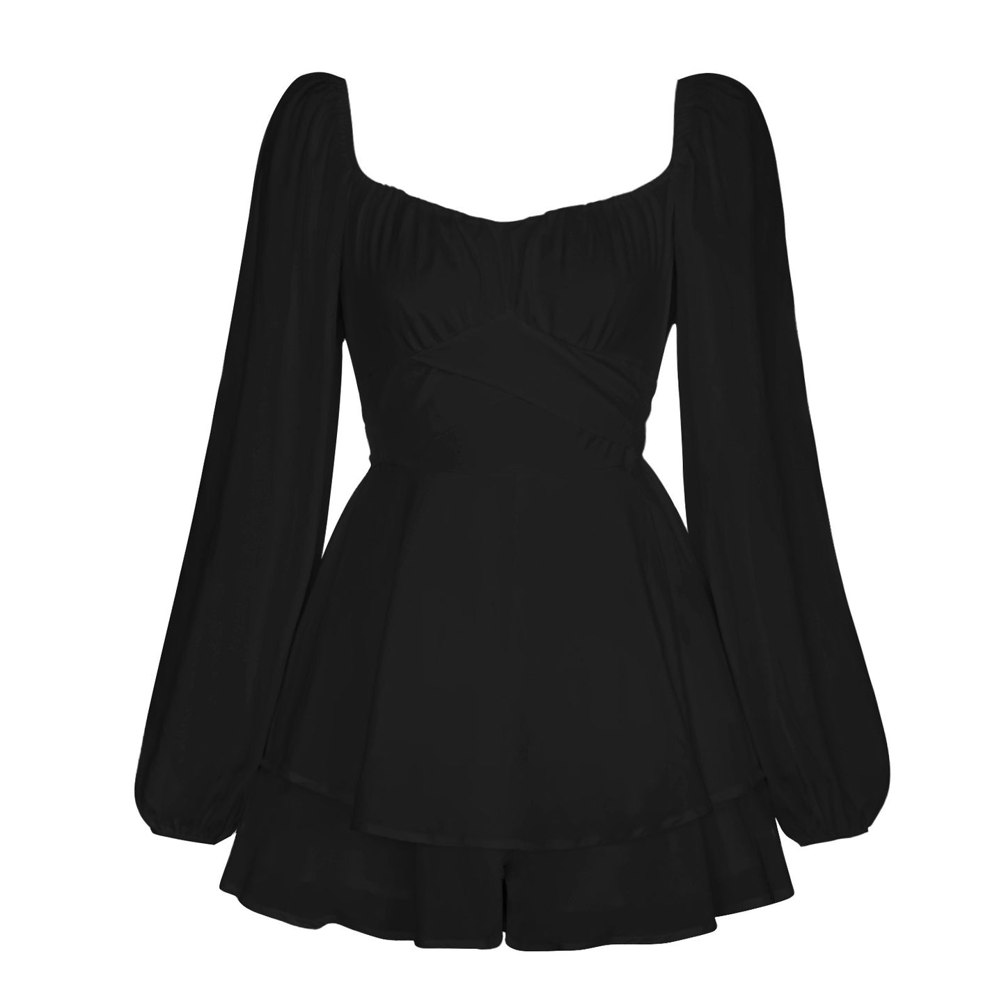 Ruffled V-Neck Women's Long Puff Sleeve Shorts Romper