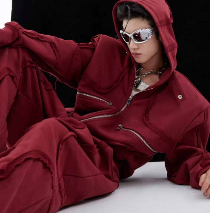 Men's 3D Padded Shoulder Zipper Design Hoodie Jacket + Deconstructed Irregular Sweatpants Tracksuit