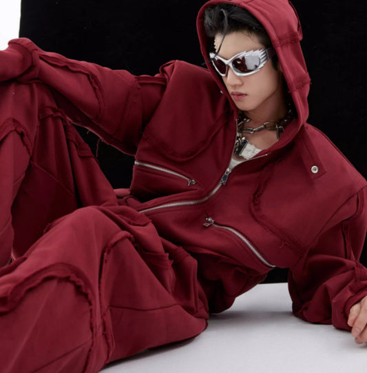 Men's 3D Padded Shoulder Zipper Design Hoodie Jacket + Deconstructed Irregular Sweatpants Tracksuit