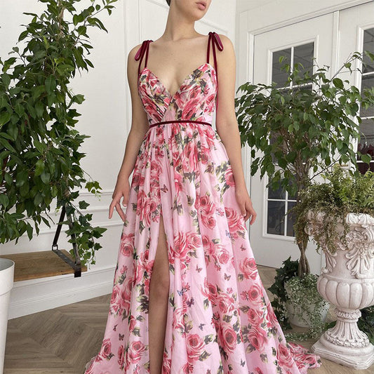 Pink Vintage Flower Print Spaghetti Strap Sleeveless V-Neck High Slit Maxi Dress