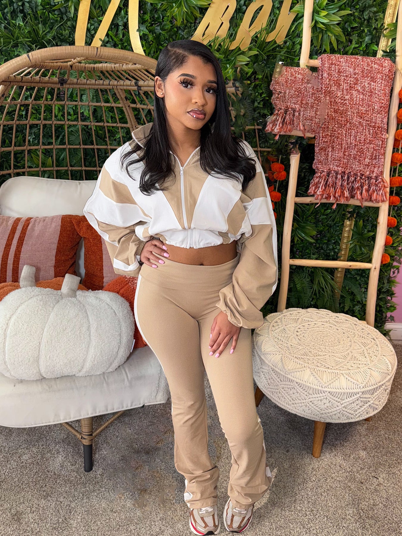 Colorblock Striped Women's Fitness Zipper Jacket+ Solid Sweatpants Tracksuit