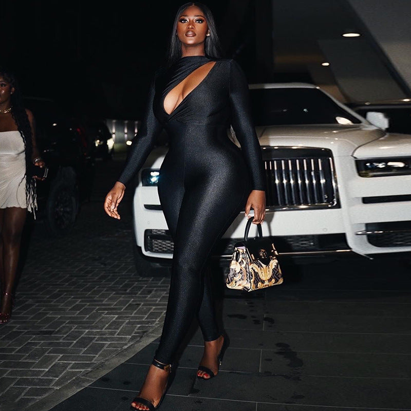Black Cut-Out Design Long Sleeve Women's Skin Tight Jumpsuit