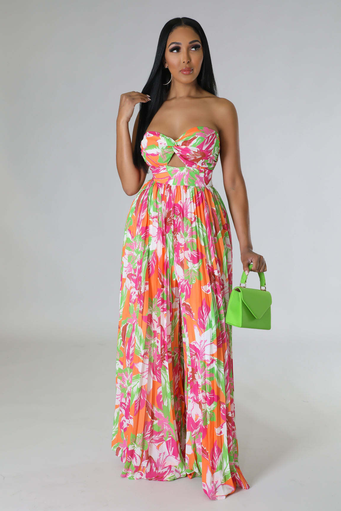 Pleated Sleeveless Tropical Floral Print Women's Hollow-Out Tube Top Wide Leg Pants Jumpsuit