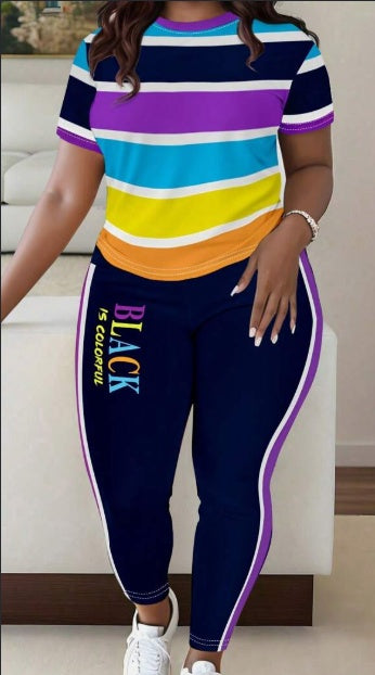 "Black Is Colorful" Rainbow Striped Print T-Shirt + Pants Women's 2-Piece Set to 3X Plus Size