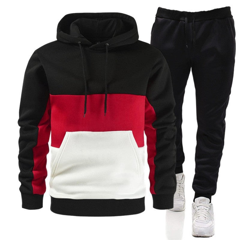 Men's Colorblock Striped Drawstring Hoodie Sweatshirt + Solid Color Jogger Sweatpants Tracksuit to 3X Big & Tall