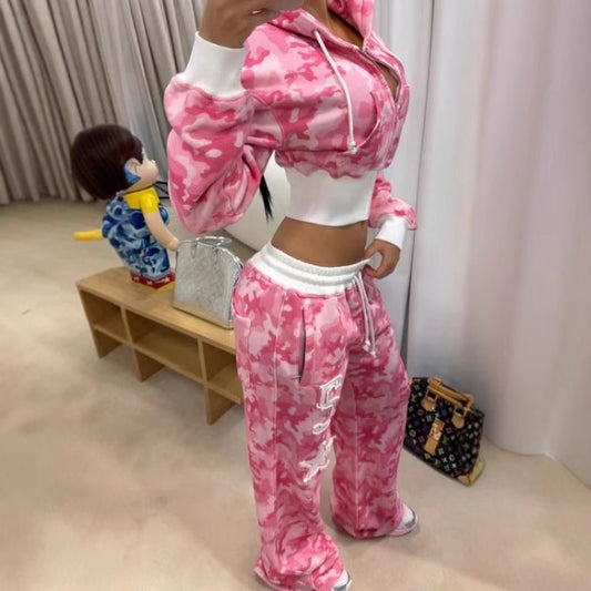 Camoflauge Long Sleeve Crop Zipper Hoodie Sweat Jacket + Drawstring Sweatpants Women's Tracksuit