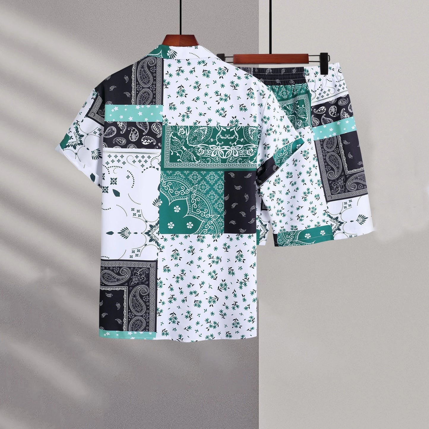 Men's Paisley Colorblock Bandana Print Turn-Down Collar Short Sleeve Shirt + Matching Shorts 2-Piece Set