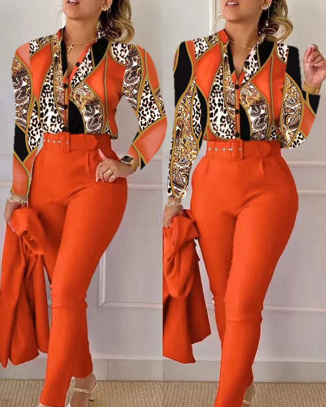Floral/Geometric/Baroque/Colorblock Gradient Print Long Sleeve Blouse + Solid Color Pants w/ Belt 2-Piece Office Attire Set