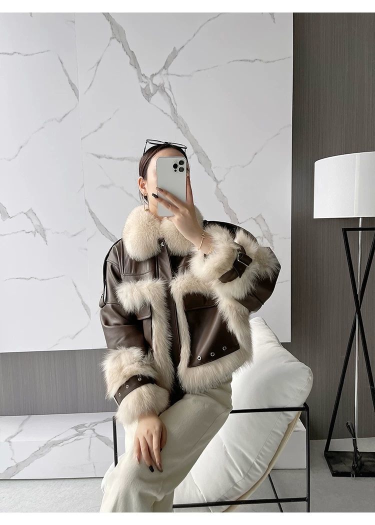 Vintage PU Leather Patchwork Colorblock Faux Fur Lined Stitched Women's Jacket