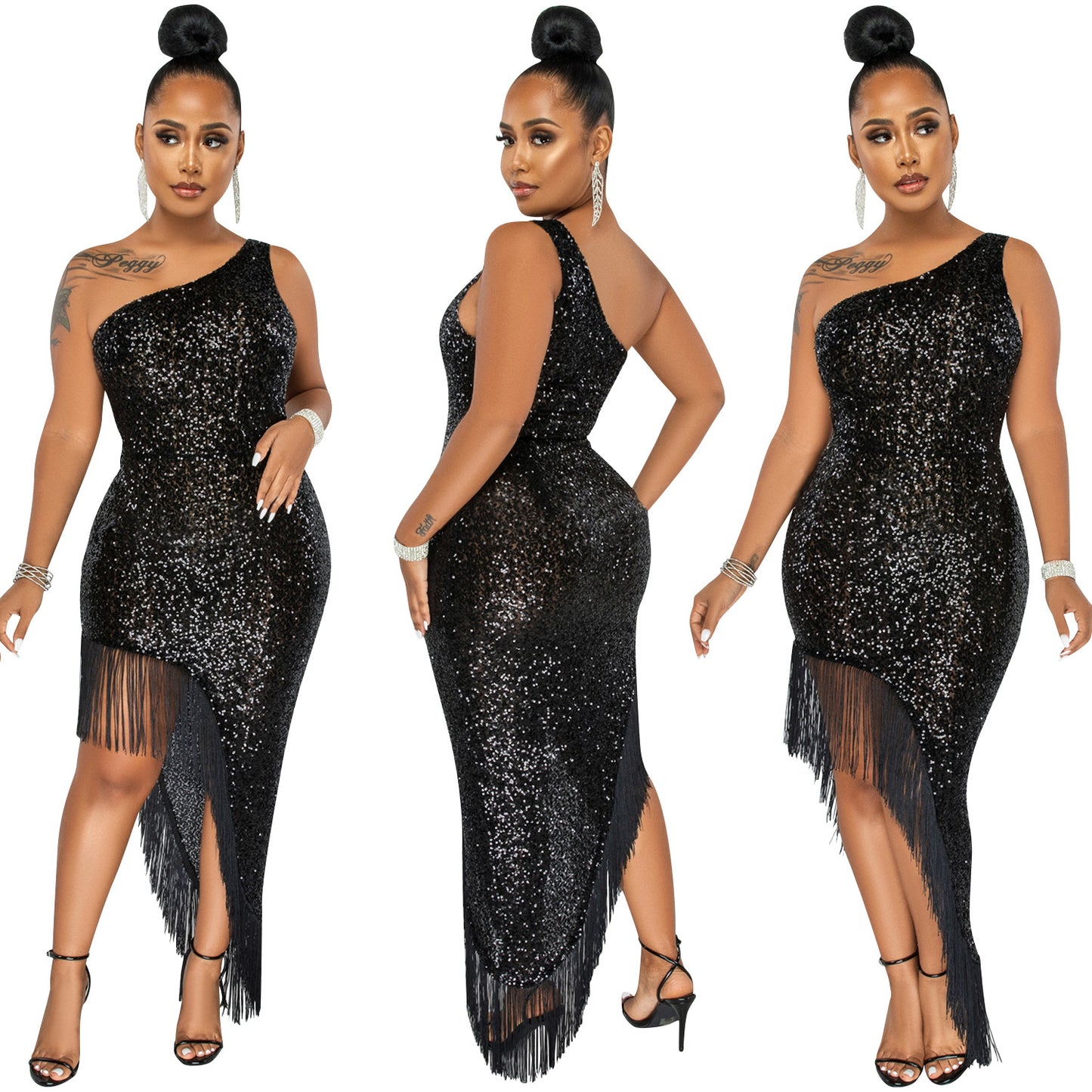 Sequins Diagonal Collar One Shoulder Irregular Slit Tassel Maxi Dress