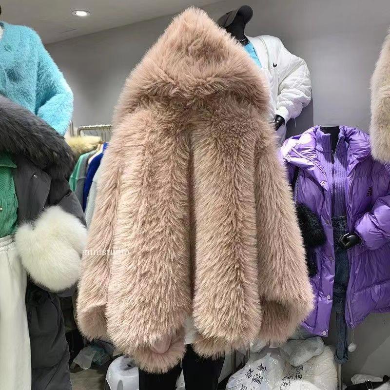 Shaggy Faux Fur Long Sleeve Women's Streetwear Hooded Jacket