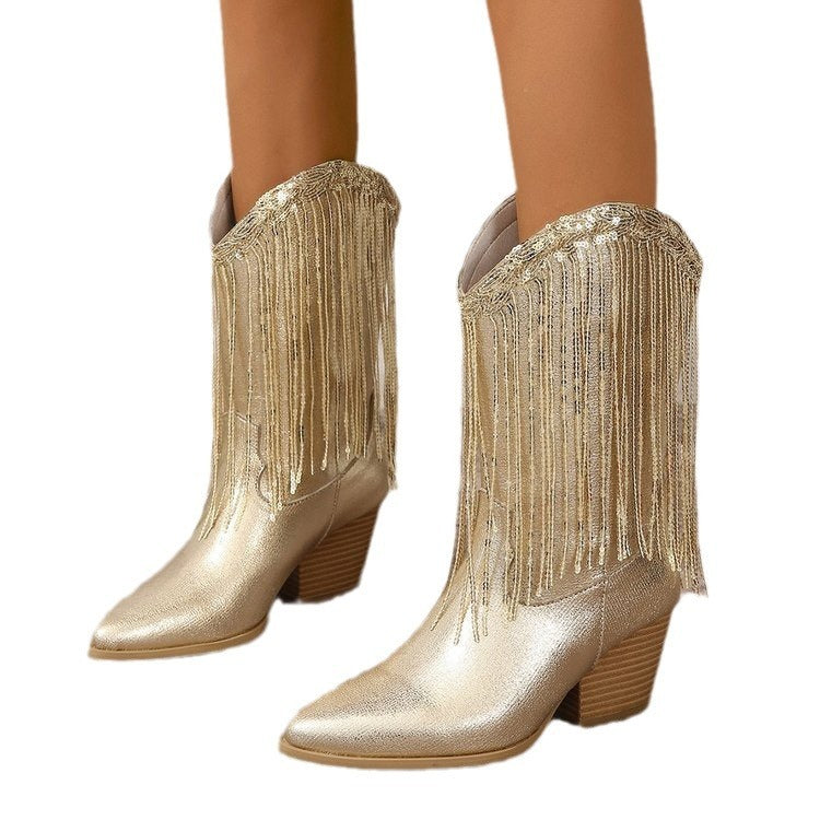 Western Metallic Silver/Gold Women's Tassel Fringe Design Chunky Heel Pleated Cowgirl Knight Boots