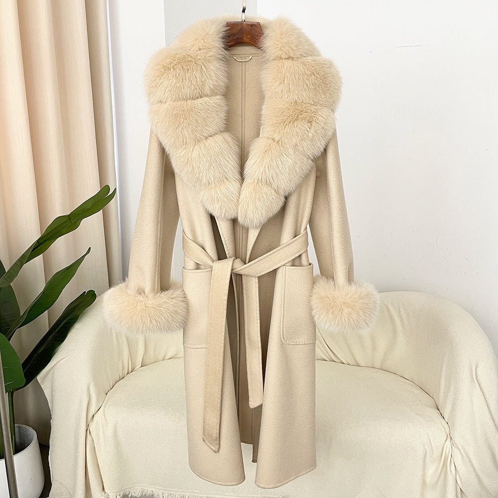 Oversized Fur Collar Double Sided Water Ripple Wool Women's Trenchcoat