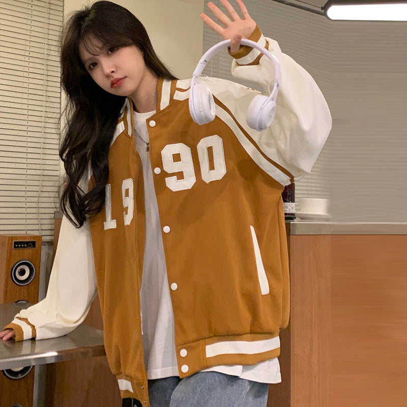 "1990" Printed Hip-Hop Colorblock Button-Up Women's Varsity Bomber Jacket