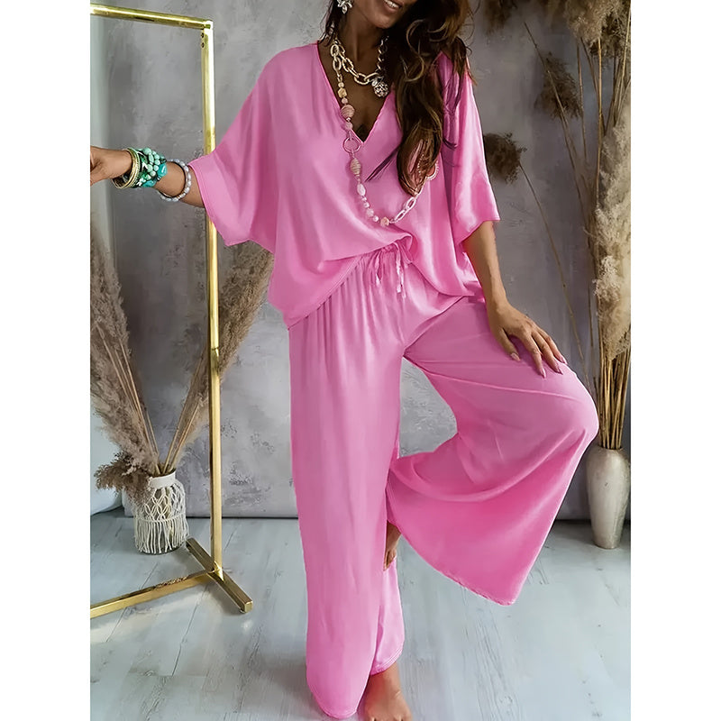 Solid Color V-Neck Half Sleeve Women's T-Shirt + Wide Leg Pants 2-Piece Set