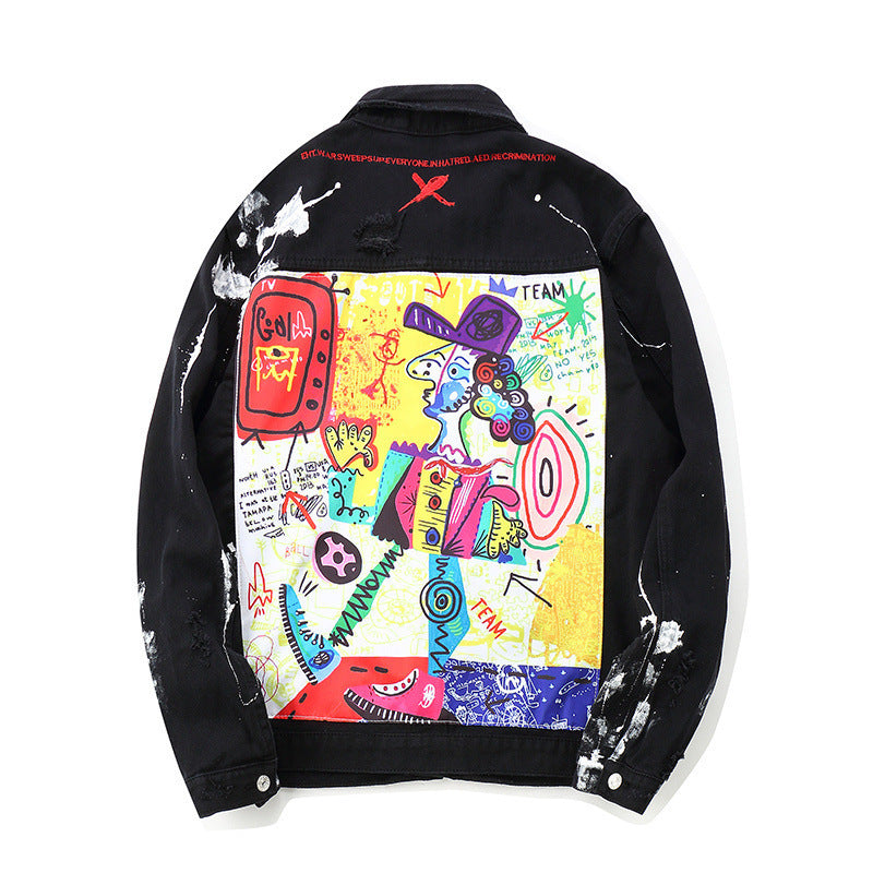 Men's Painted Back Abstract Art Portrait Print Loose Jean Jacket